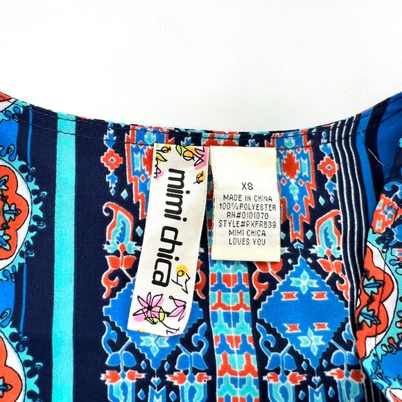 Mimi Chica Women XS Blue Romper Floral Button Up Front Waist Tie Roll Tab Sleeve - Picture 2 of 5